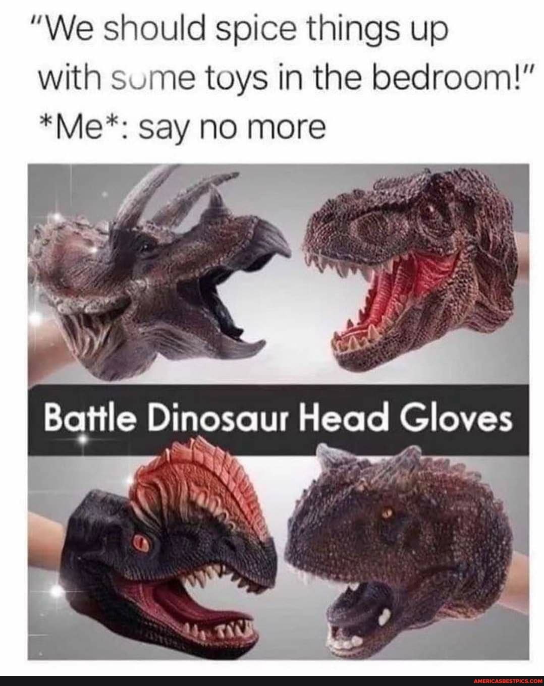 "We should spice things up with sume toys in the bedroom!"
*Me*: say no more
Battle Dinosaur Head Gloves