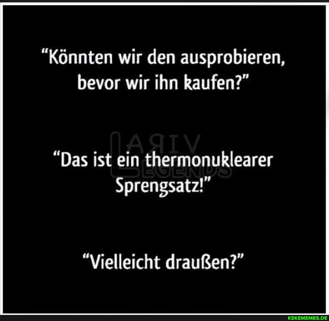 "Könnten wir den ausprobieren, bevor wir ihn kaufen?"
"Das ist ein thermonuklearer
Sprengsatz!"
"Vielleicht draußen?"