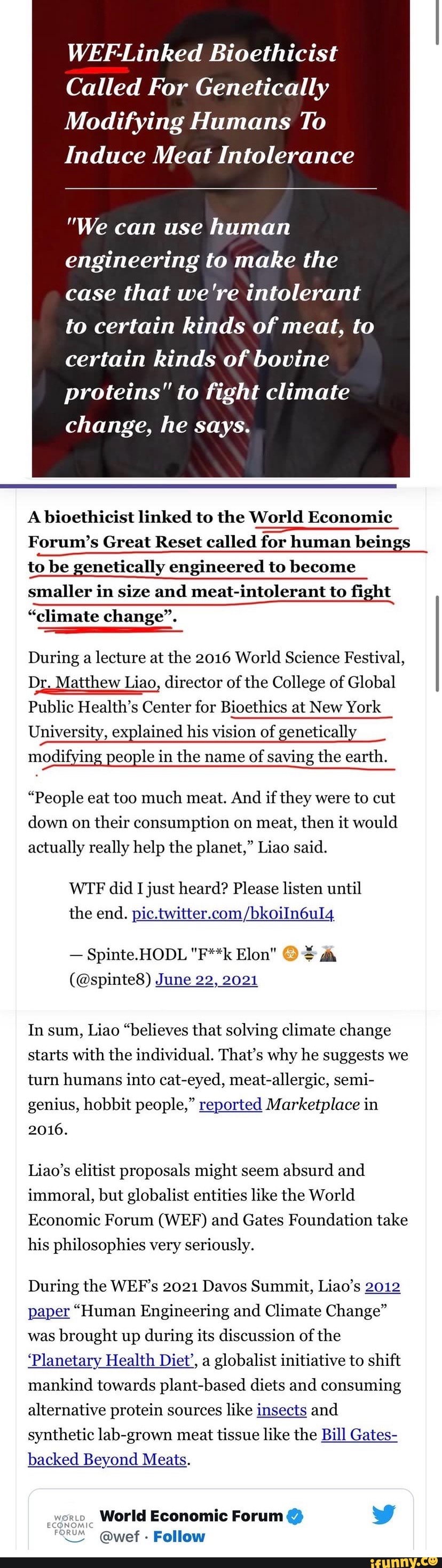 WEFLinked Bioethicist Called For Modifying Humans To