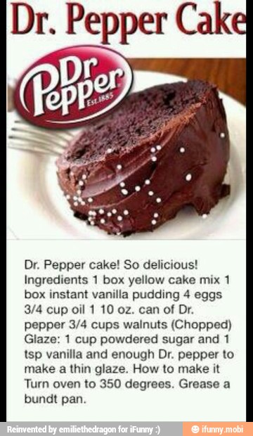 Dr. Pepper cake! So delicious! Ingredients 1 box yellow cake mix 1 box ...