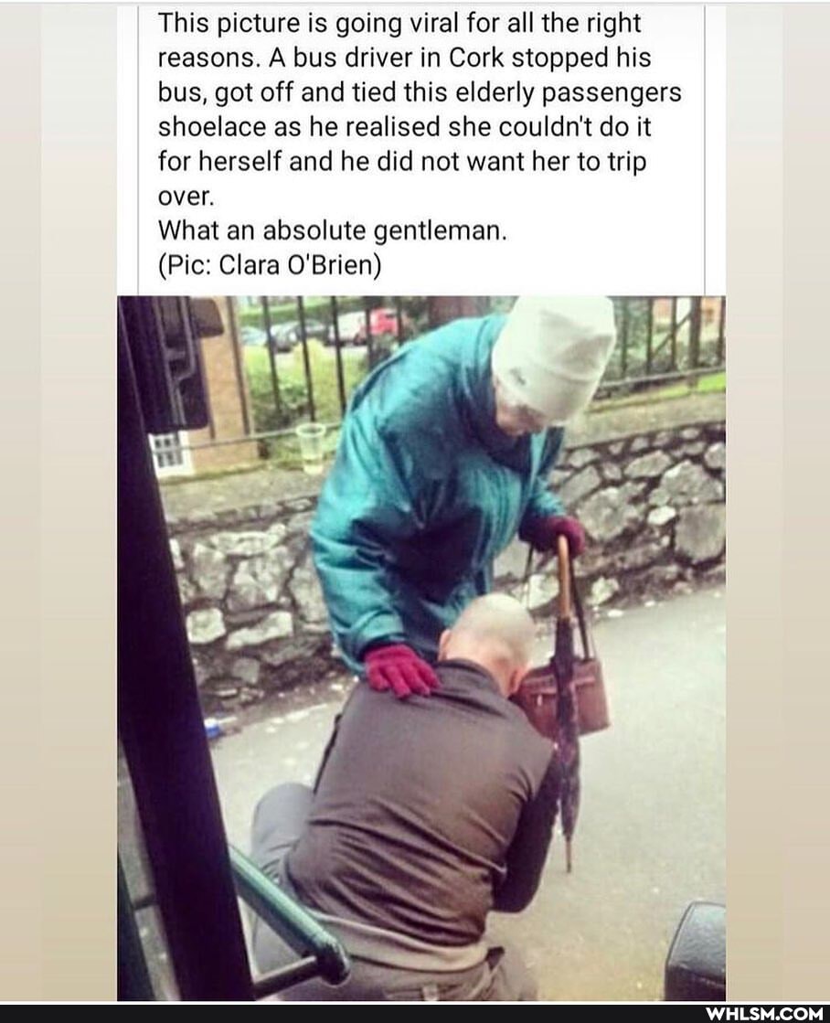 This picture is going viral for all the right reasons. A bus driver in Cork stopped his bus, got off and tied this elderly passengers shoelace as he realised she couldn't do it for herself and he did not want her to trip over.
What an absolute gentleman.
(Pic: Clara O'Brien)