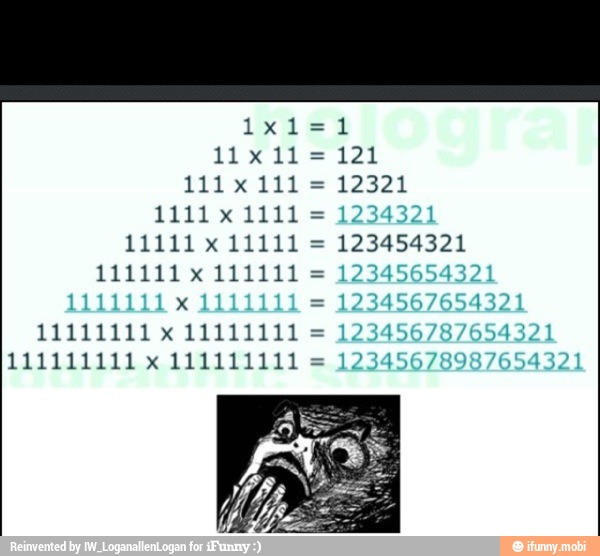 ¡ESA
111 x 111
= 12321
1111 x 1111 1234321
11111 x 11111 =
123454321
114111 x 141111 XL 43
1111111
x 1111111
11111111 x 11111111 =
123456787654321
111111111 x 111111111 =
45654321