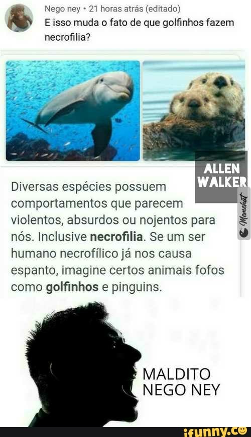 Nego ney (editado)
Eisso muda o fato de que golfinhos fazem
necrofilia?
Diversas espécies possuem
comportamentos que parecem
violentos, absurdos ou nojentos para nós. Inclusive necrofilia. Se um ser
humano necrofílico já nos causa
espanto, imagine certos animais fofos
como golfinhos e pinguins.
MALDITO
NEGO NEY