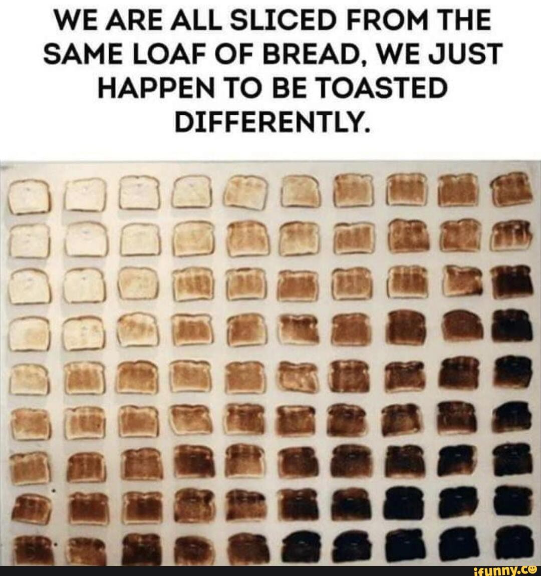 WE ARE ALL SLICED FROM THE SAME LOAF OF BREAD, WE JUST HAPPEN TO BE TOASTED DIFFERENTLY.
