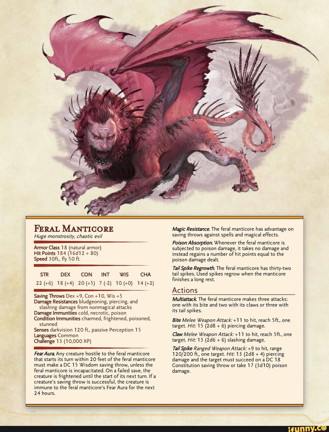 FERAL MANTICORE Huge monstrosity, chaotic evil To Saving Throws Dex +9 ...