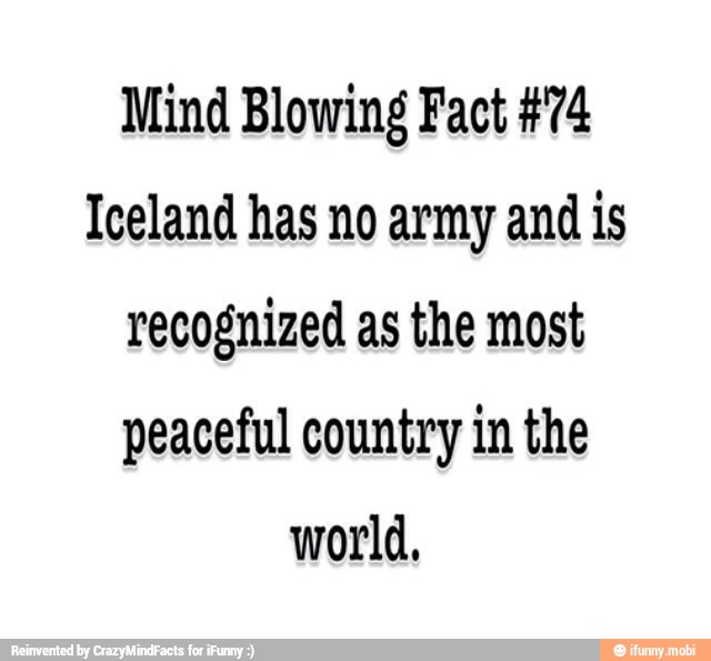 Mind Blowing Fact #74
Iceland has no army and is
recognized as the most
peaceful country in the
world,