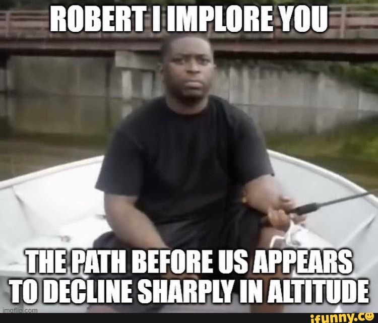 ROBERT IMPLORE YOU
Ne
THE PATH BEFORE US APPEARS TO DEGLINE SHARPLY IN ALTITUDE