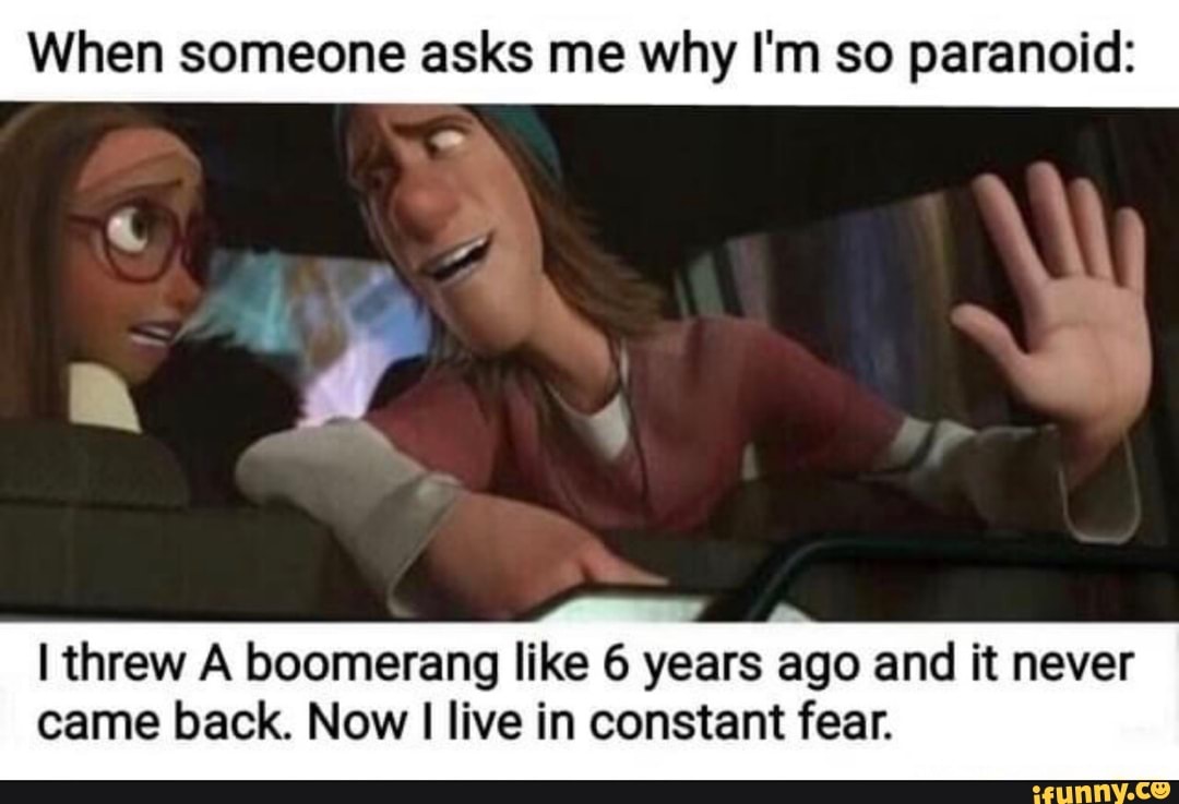 When someone asks me why I'm so paranoid:
ad
Re
NY
A
y
5
ha
I threw A boomerang like 6 years ago and it never
came back. Now
I
live in constant fear.