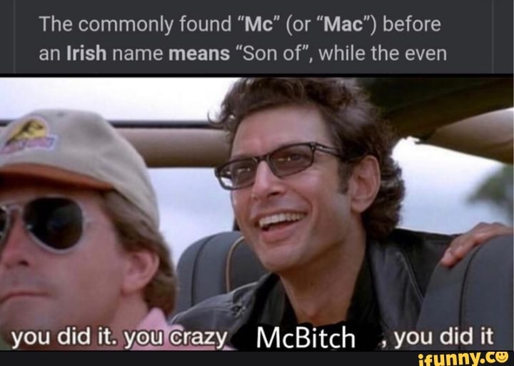 The commonly found "Me" (or "Mac") before an Irish name means "Son of", while the even
you did it. you raz McBitch you did it