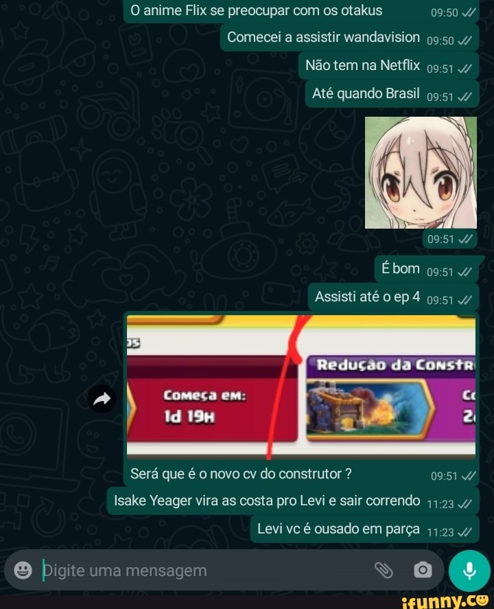 anime Flix se preocupar com os otakus
Comecei a assistir wandavision so
Não tem na Netfliz
Até quando Brasil
Ébom
Assisti atê ep 4
Redução da Consta
Começa em: te
Será que é o novo cv do construtor ?
Isake Yeager vira as costa pro Levi e sair correndo 23
Levi vc é ousado em parça
Digite uma mensagem