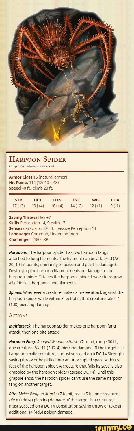 Harpoon SPIDER Large aberration, chaotic evil Armor Class 16 (natural ...