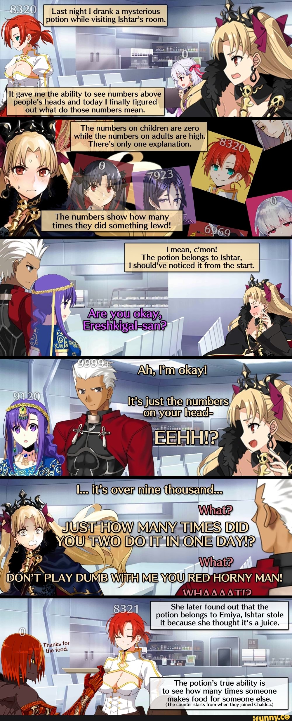 SSVAO)
I Last night I drank a mysterious
3
I potion while visiting Ishtar's room.
A
It gave me the ability to see numbers above
people's heads and
today I finally figured
out what do those numbers mean.
The numbers on children are zero
while the numbers on adults are high.
There's only one explanation.
The
how many
times they did something lewd! 0 AER
69
UN
The potion belongs to Ishtar,
I should've noticed it from the start.
Ani okay =
wits fio