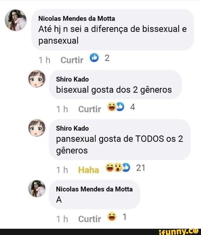 Nicolas Mendes da Motta
* Até hjn seia diferença de bissexual e
pansexual
curtir O 2
Shiro ado
bisexual gosta dos 2 gêneros
ih Curtir 4
Siro Kado pansexual gosta de TODOS os 2 gêneros
Th 21
e Nicolas Mendes da Motta
Curtir pa 1