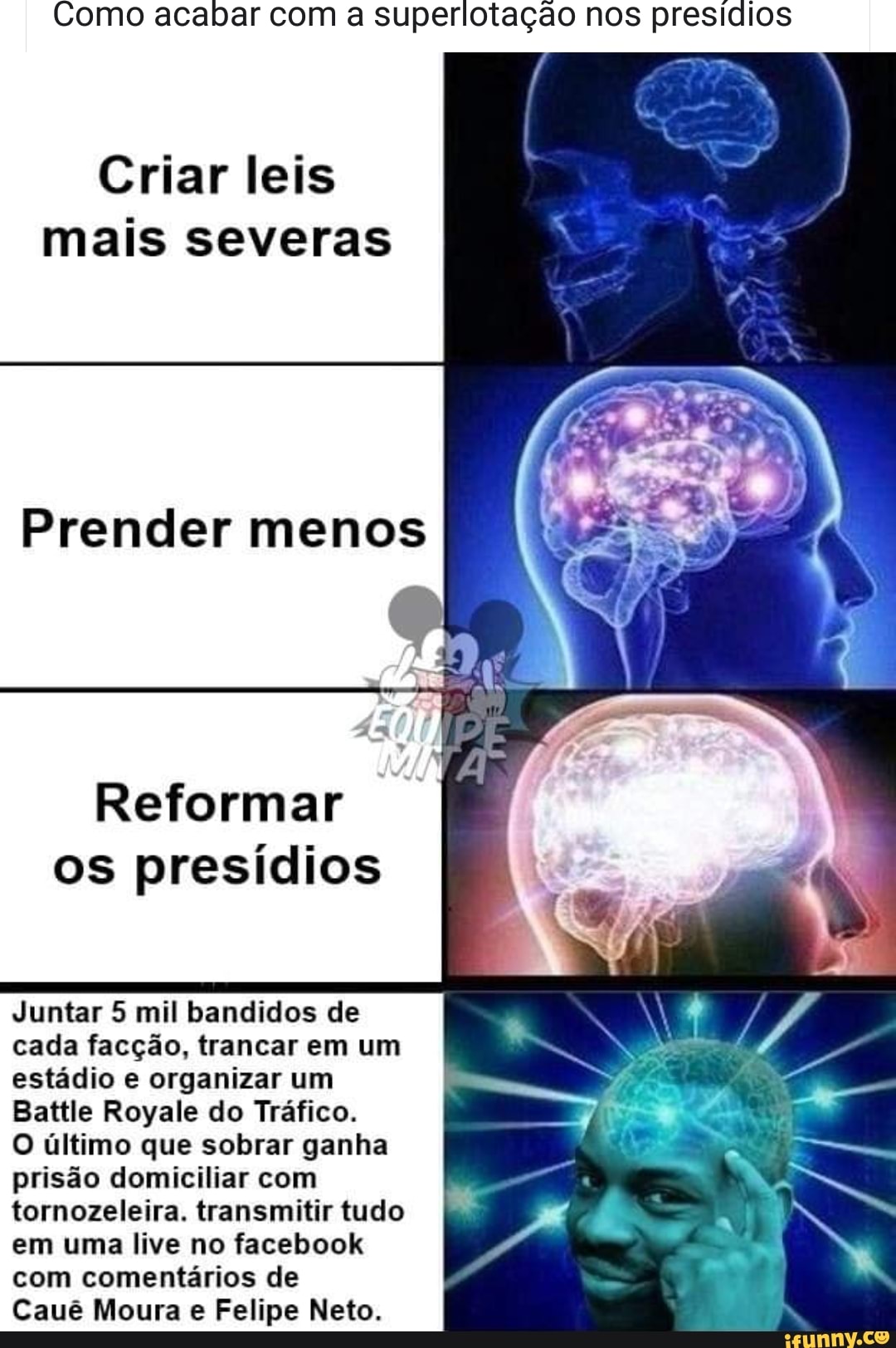 Como acabar com a superlotação nos presídios
Criar leis
mais severas
Reformar
os presídios
Juntar 5 mil bandidos de
cada facção, trancar em um
estádio e organizar um
Battle Royale do Tráfico.
O último que sobrar ganha
prisão domiciliar com
tornozeleira. transmitir tudo
em uma live no facebook
com comentários de
Cauê Moura e Felipe Neto.