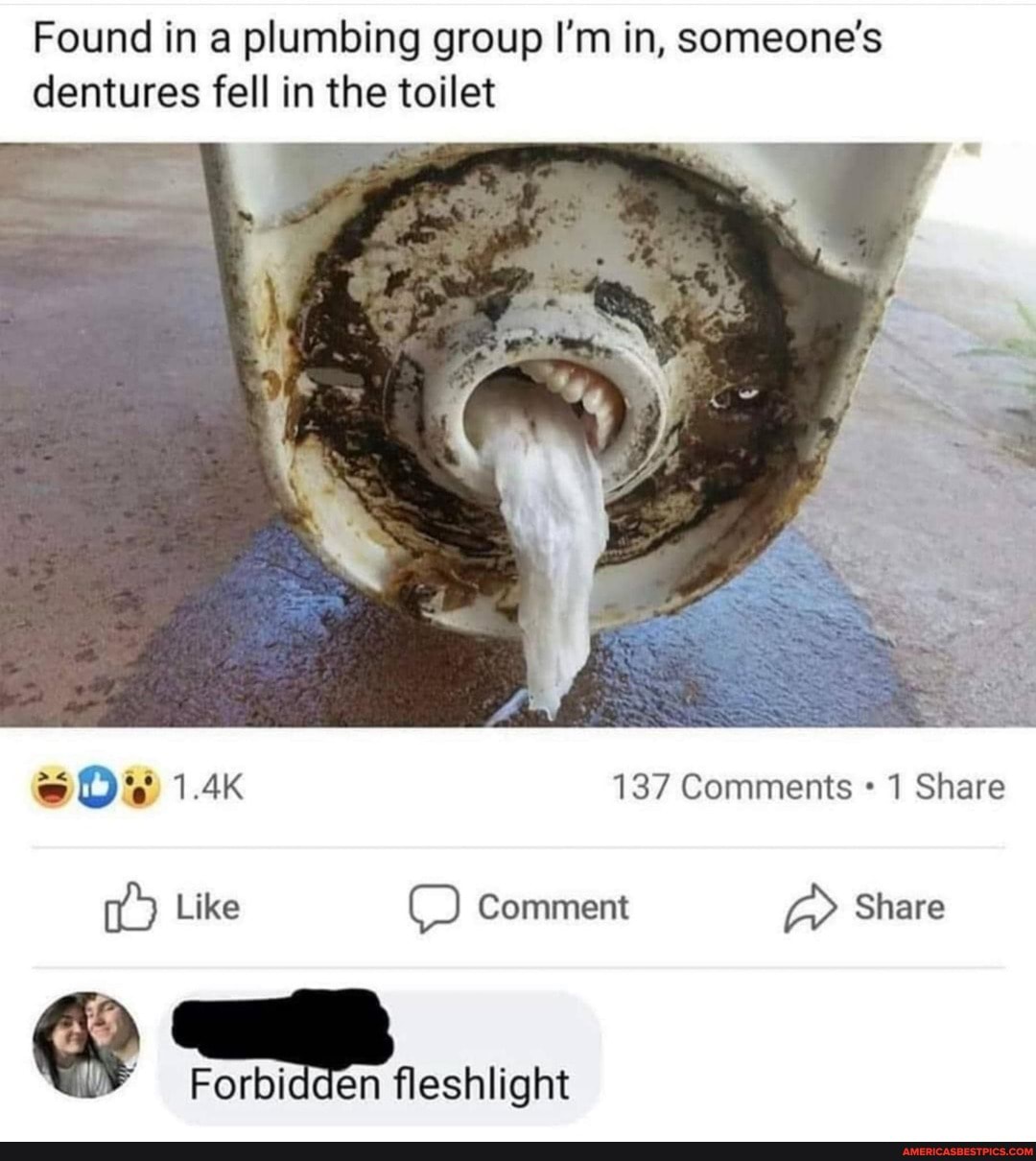 Found in a plumbing group I'm in, someone's dentures fell in the toilet
1.4K 137 Comments 1 Share
Like Comment Share
fleshlight