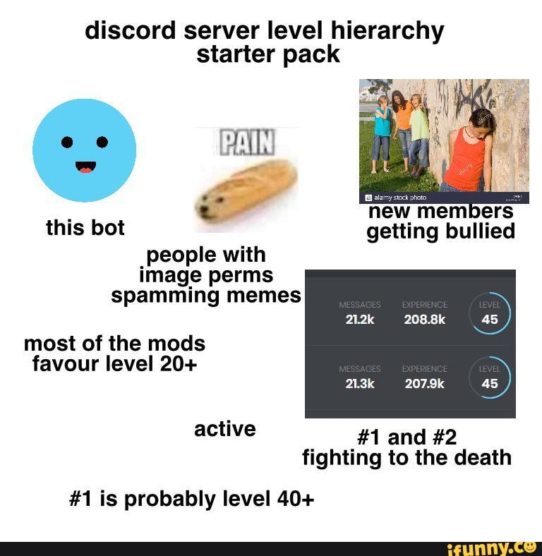 Discord Server Level Hierarchy Starter Pack Pain A New Members This Bot Getting Bullied People With Image Perms Spamming Memes 8 8k As Most Of The Mods Favour Level 213k