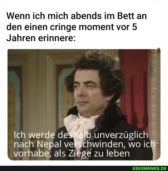 Wenn ich mich abends im Bett an den einen cringe moment vor 5
Jahren erinnere:
Ich werde deshalb unverzüglich nach Nepal verschwinden, wo Ich vorhabe, als Ziege zu leben