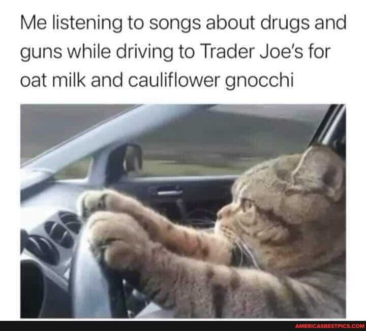 Me listening to songs about drugs and guns while driving to Trader Joe's for oat milk and cauliflower gnocchi