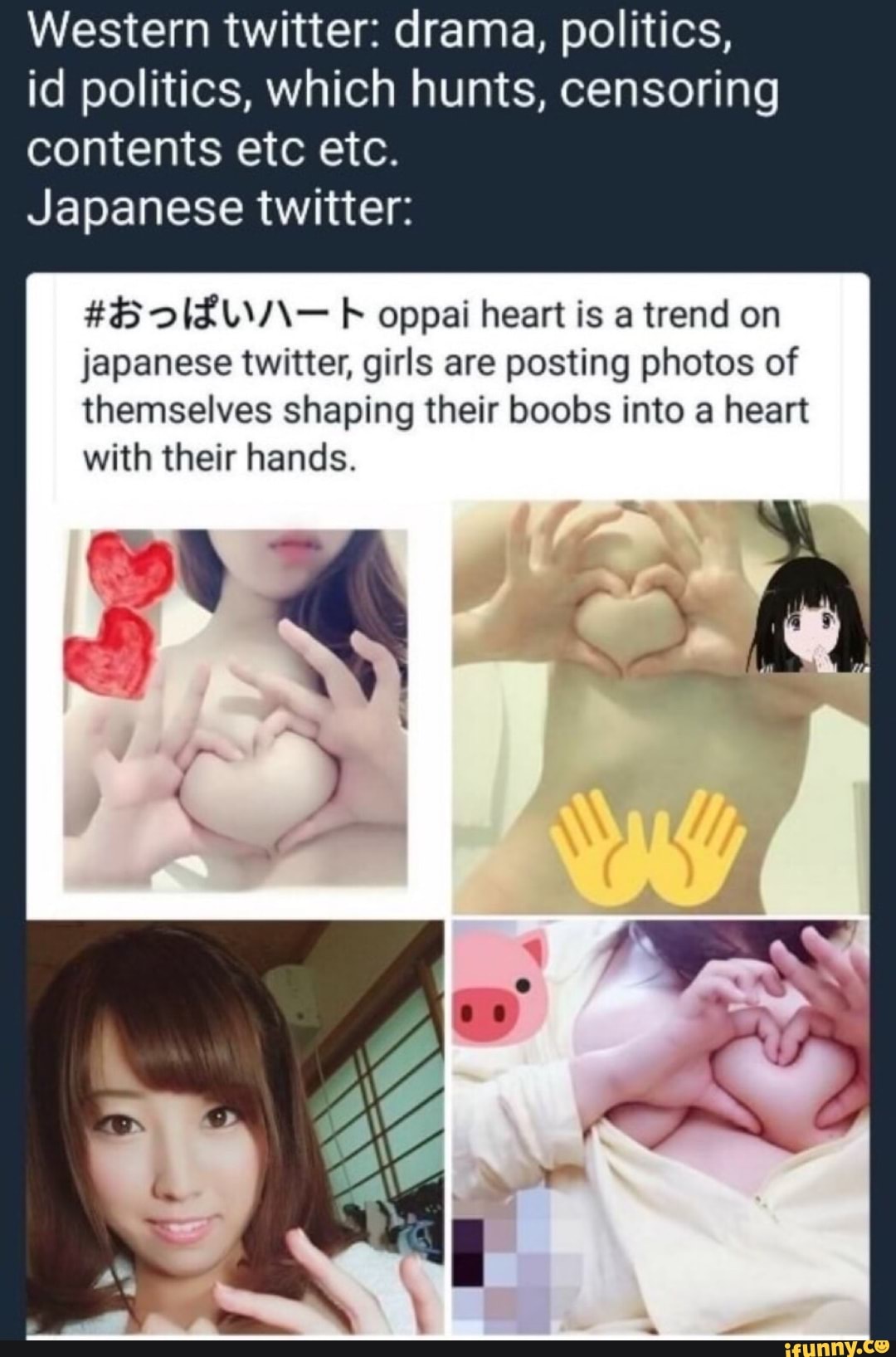 Western twitter: drama, politics, id politics, which hunts, censoring  contents etc etc. Japanese twitter: ÉSOIÍLVX- l