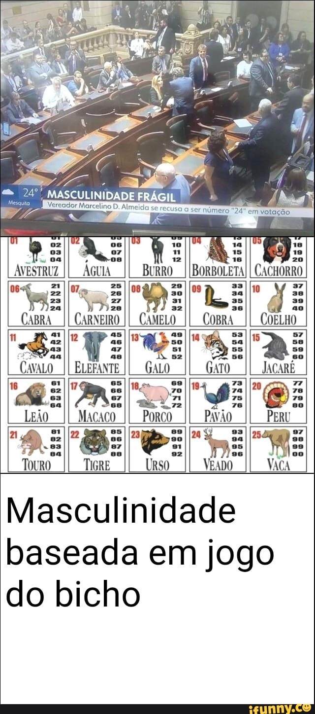 Vereador Marcelino D. Almeida serec
AVESTRUZ ÁGUIA CACHORRO
CABRA CARNEIRO II CAMELO II COBRA II COELHO
aa sz va se so
az
CavaLO I ELEFANTE II GALO GATO JacarÉ
II 2.72 78 so
Leão Macaco II Porco Pavão PERU
"DE nE HE
Touro Tire Urso VEADO VACA
Masculinidade baseada em jogo do bicho