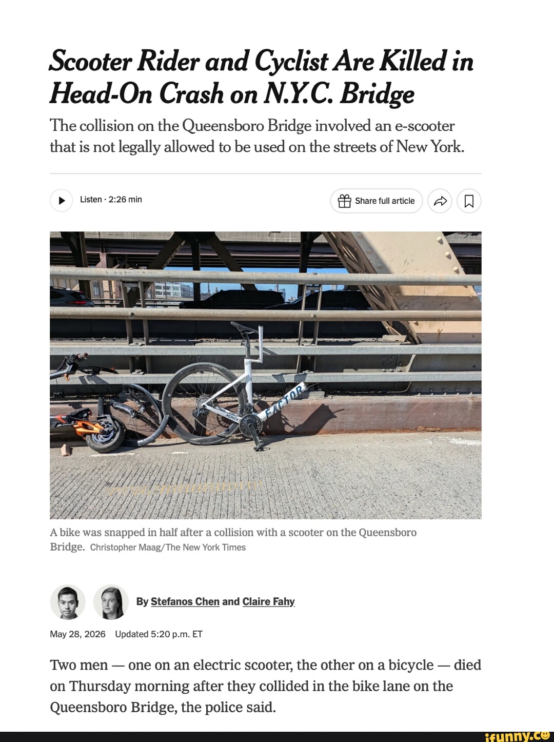 Scooter Rider and Cyclist Are Killed in Head-On Crash on N.Y.C. Bridge ...