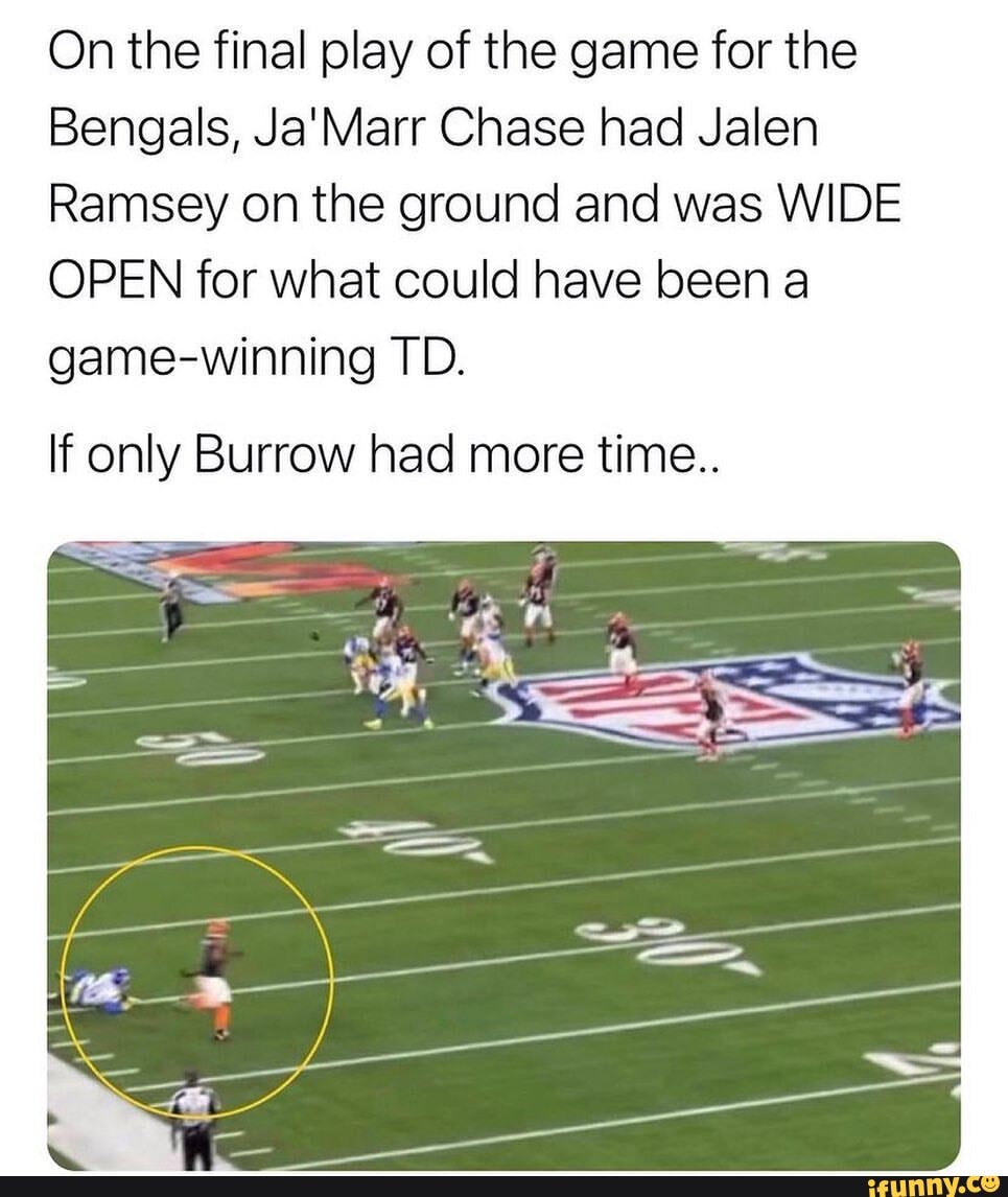 NFL Memes on X: On the final play of the game for the Bengals, Ja'Marr  Chase had Jalen Ramsey on the ground and was WIDE OPEN for what could have  been a