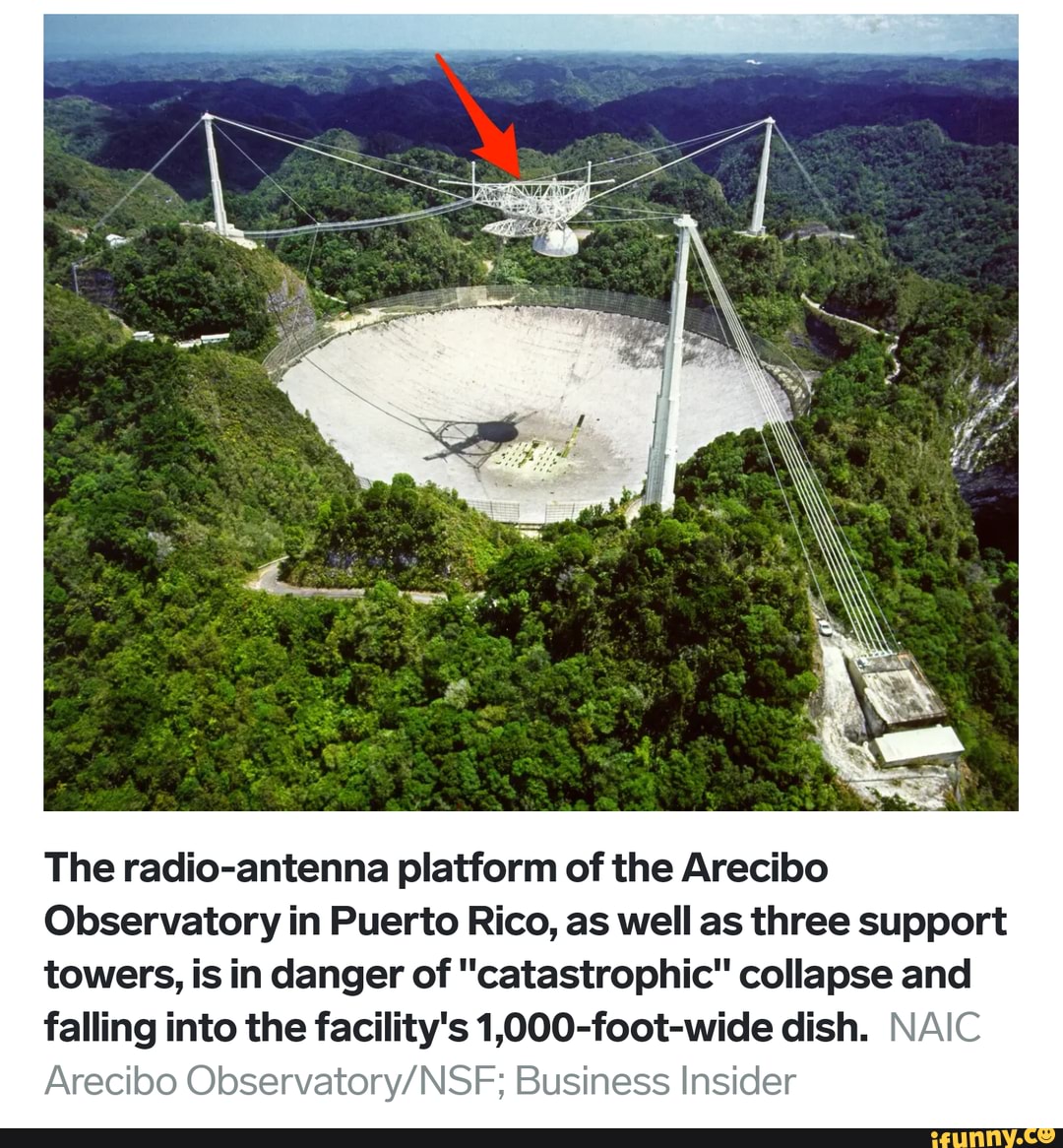 The radioantenna platform of the Arecibo Observatory in Puerto Rico, as well as three support