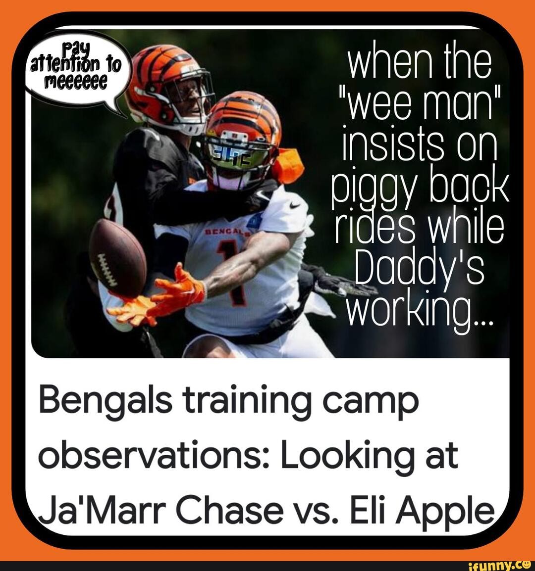 Attin Pm when the y 'wee man' piggy rides back @s while Daddy's WOrking  Bengals training camp observations: Looking at Ja'Marr Chase vs. Eli Apple  - iFunny Brazil