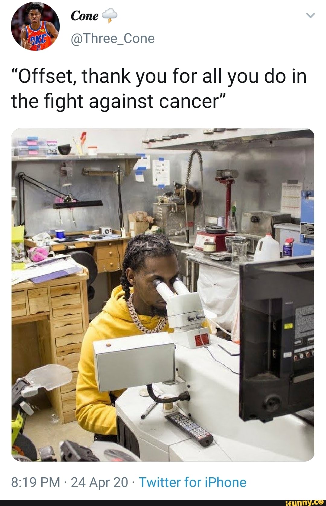 "Offset, thank you for all you do in
the fight against cancer"
Twitter for iPhone