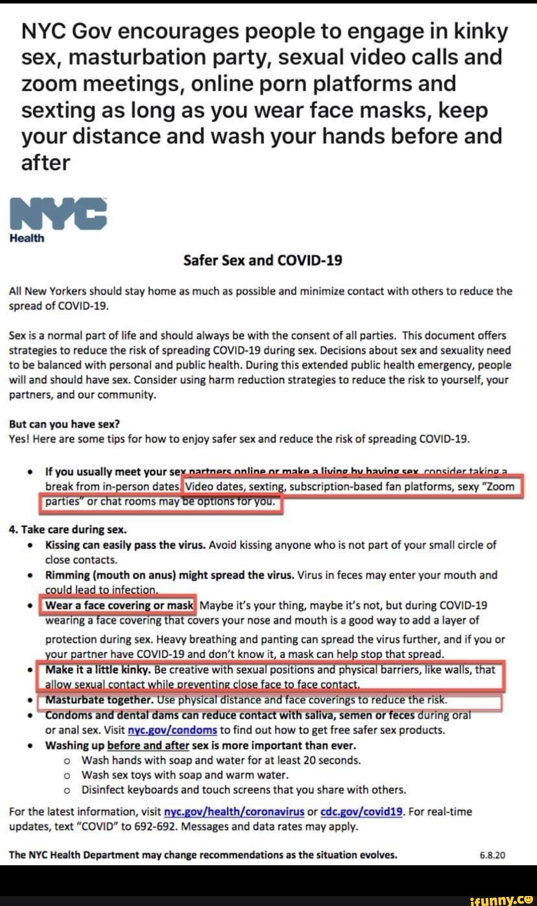 NYC Gov encourages people to engage in kinky sex, masturbation party, sexual  video calls and zoom