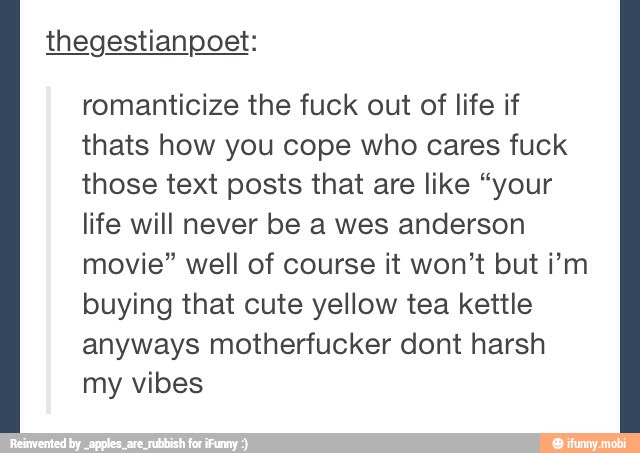 thegestianpoet:
romanticize the fuck out of life if
thats how you cope who cares fuck
those text posts that are like "your
life will never be a wes anderson
movie" well of course it won't but i'm
buying that cute yellow tea kettle
anyways motherfucker dont harsh
my vibes