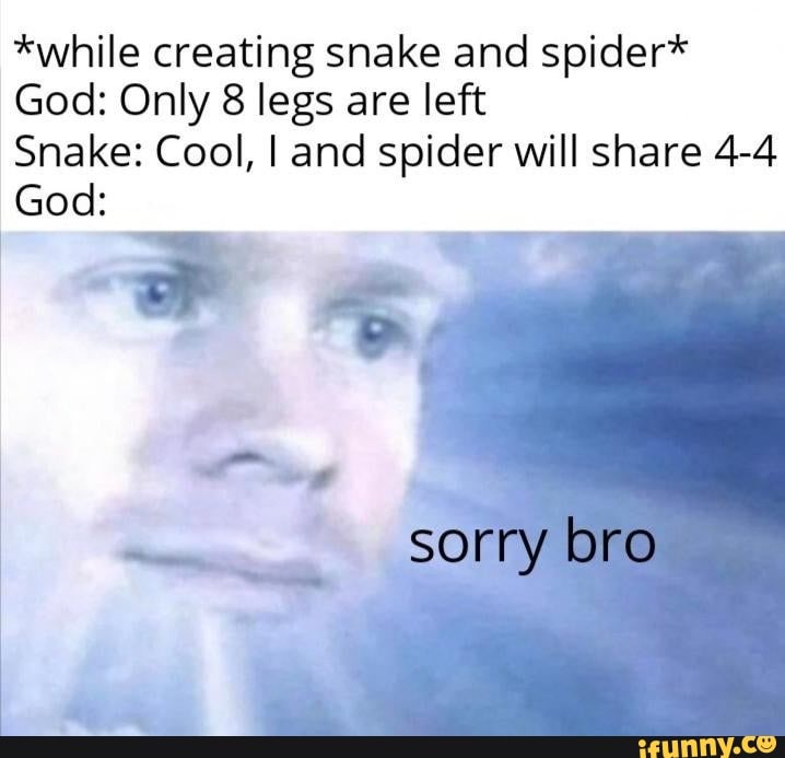 *while creating snake and spider*
God: Only 8 legs are left
Snake: Cool, I and spider will share 4-4
God:
sorry bro
