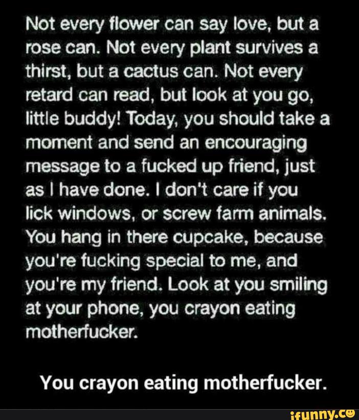 Not every flower can say love. but a
rose can. Not every plant survives a
thirst, but a cactus can. Not every
retard can read, but look at you 90,
little buddy! Today. you should take a
moment and send an encouraging
message to a fucked up friend. just
as l have done. I don't care if you
lick windows. or screw farm animals.
You hang in there cupcake, because
you're fucking special to me. and
you're my friend. Look at you smiling
at your phone, you crayon eating
motherfucker.
You crayon eating motherfucker.