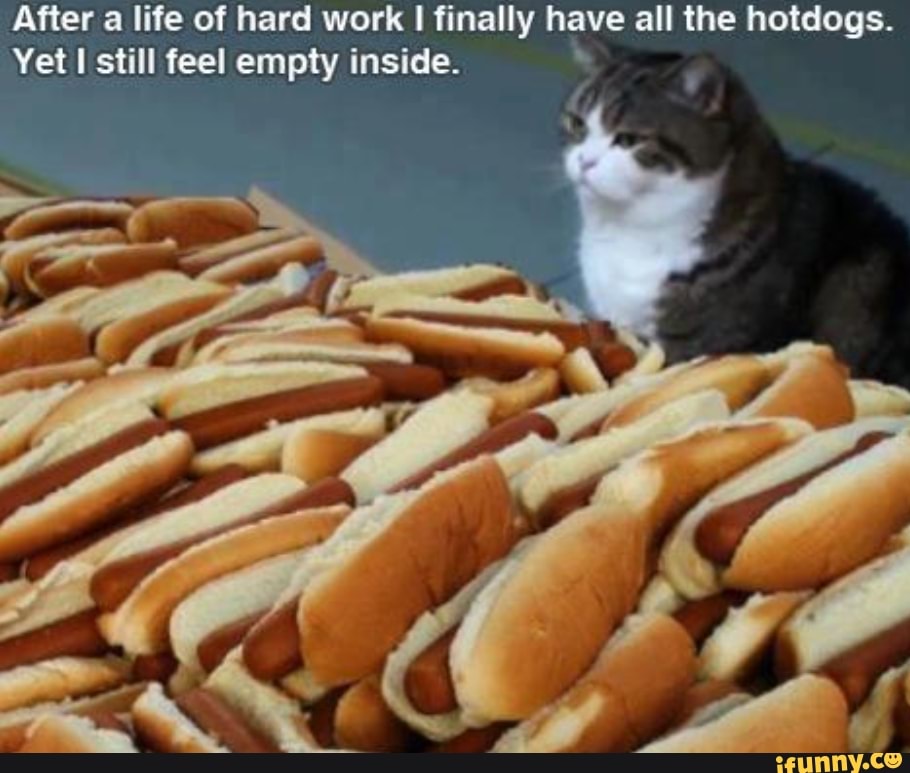 After a life of hard work I finally have all the hotdogs.
Yet still feel empty inside.