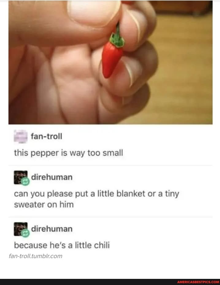 this pepper is way too small
direhuman
can you please put a little blanket or a tiny sweater on him
direhuman
because he's a little chili