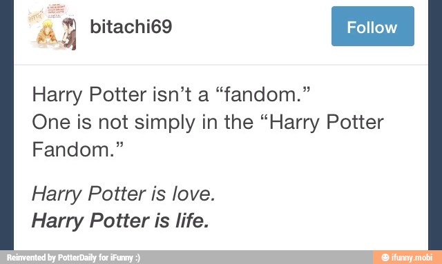 Harry Potter isn't a "fandom."
One is not simply in the "Harry Potter
Fandom."
Harry Potter is love.
Harry Potter is life.