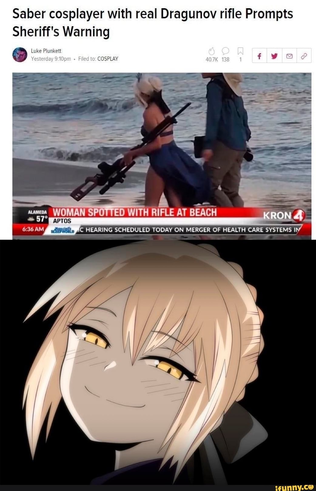 Saber cosplayer with real Dragunoy rifle Prompts
Warning
te: COSPLAY A -
SPOTTED WITH RIFLE BEACH RON AM, HEARING SCHEDULED TODAY ON MERGER OF HEALTH CARE SYSTEMS