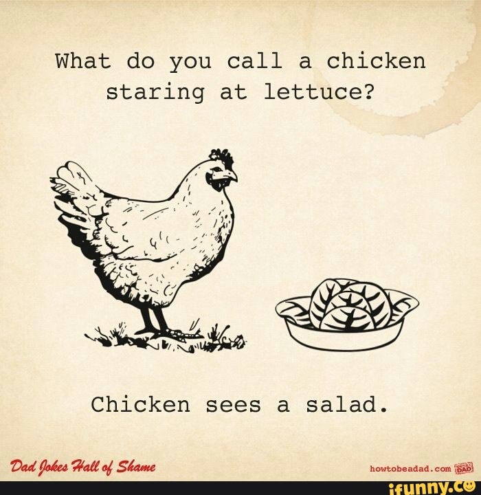 What do you call a chicken staring at lettuce? Chicken sees a 