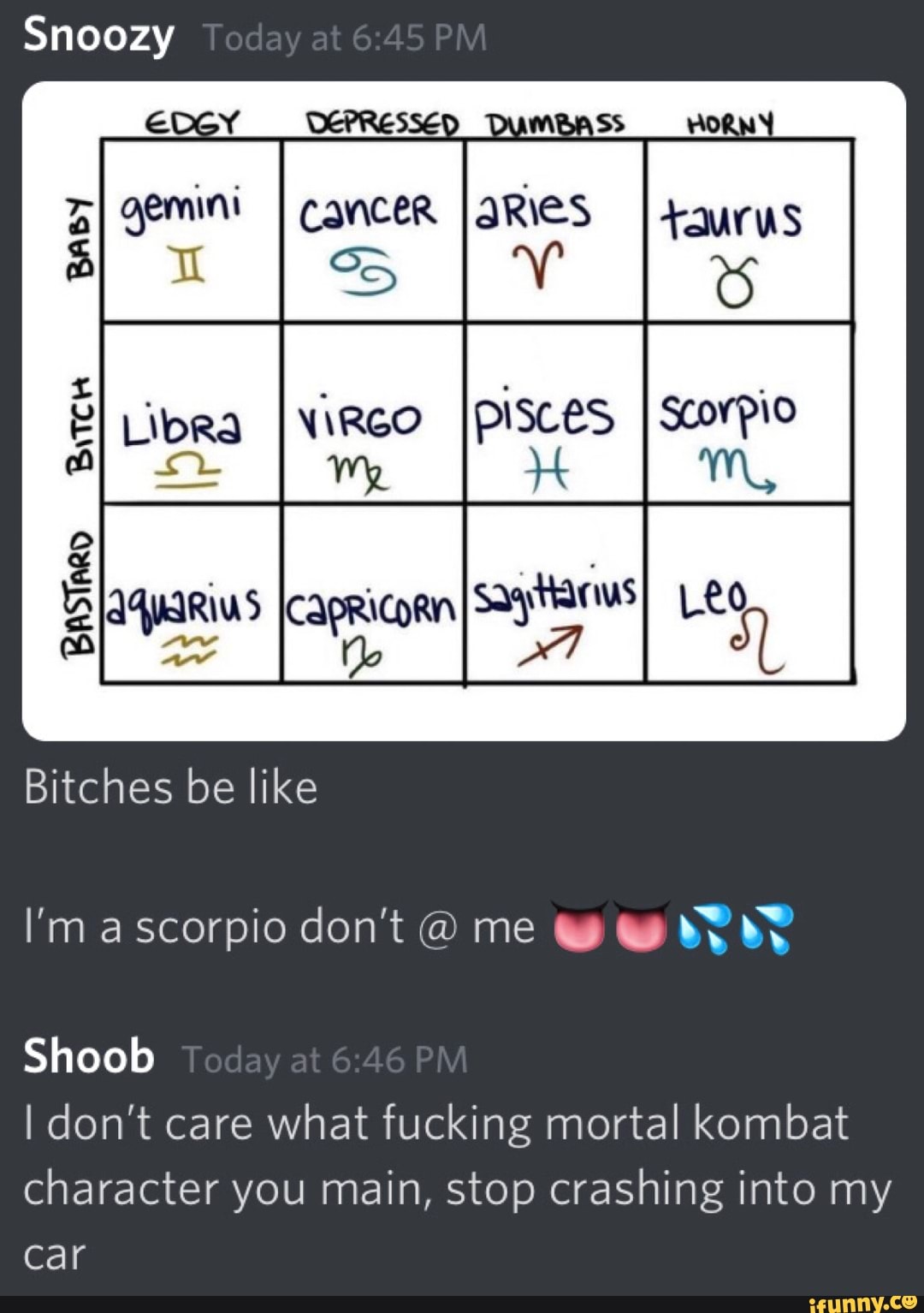 cancer JSRIES
E
Bitches be like
I'm ascorpio don't me qa we NV BY
Shoob
I don't care
what fucking mortal kombat
character you main, stop crashing into my
car