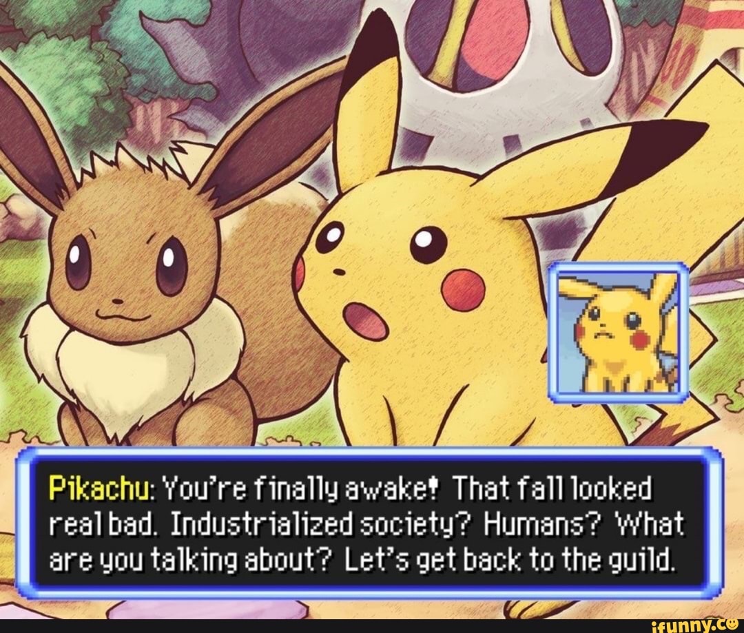 Pikachu You Re Finally Awake That Fall Looked Real Bad Industrialized Society Humans What Are You Talking About Let S Get Back To The Guild