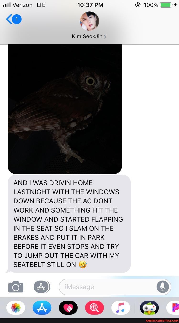 al) Verizon LTE PM 100%
Kim SeokJin
AND I WAS DRIVIN HOME LASTNIGHT WITH THE WINDOWS DOWN BECAUSE THE AC DONT WORK AND SOMETHING HIT THE WINDOW AND STARTED FLAPPING IN THE SEAT SO SLAM ON THE BRAKES AND PUT IT IN PARK BEFORE IT EVEN STOPS AND TRY TO JUMP OUT THE CAR WITH MY SEATBELT STILL ON
pp
