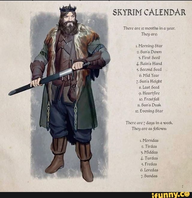 Skyrim Calendar 2022 Skyrim Calendar There Are They Are: Nonths Ina Year 1. Morning Star Sun's  Dawn First Seed
