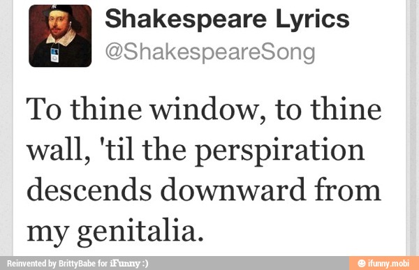 E Shakespeare Lyrics
To thine window, to thine
wall, 'til the perspiration
descends downward from
my genitalia.