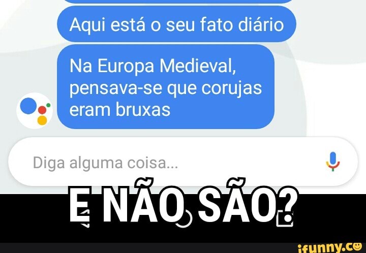 Aqui está o seu fato diário
Na Europa Medieval,
pensava-se que corujas
eram bruxas
Diga alguma coisa... U
E NÃO SÃO?