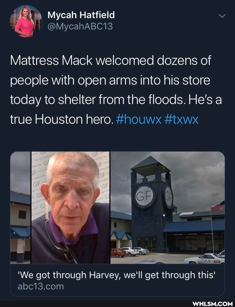 Mattress Mack welcomed dozens of people with open arms into his store today to shelter from the floods. He's true Houston hero. #houwx #txwx
'We got through Harvey, we'll get through this'