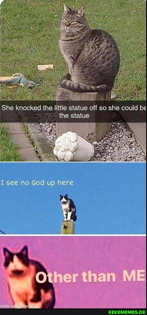 She knocked the little statue off so she could be the statue
see no God up here
Other than ME