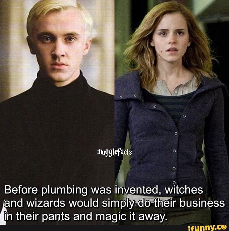 Mugglefacts
Before plumbing was invented, witches and wizards fin their would pants and simply magic it do their away. business fin their pants and magic it away.