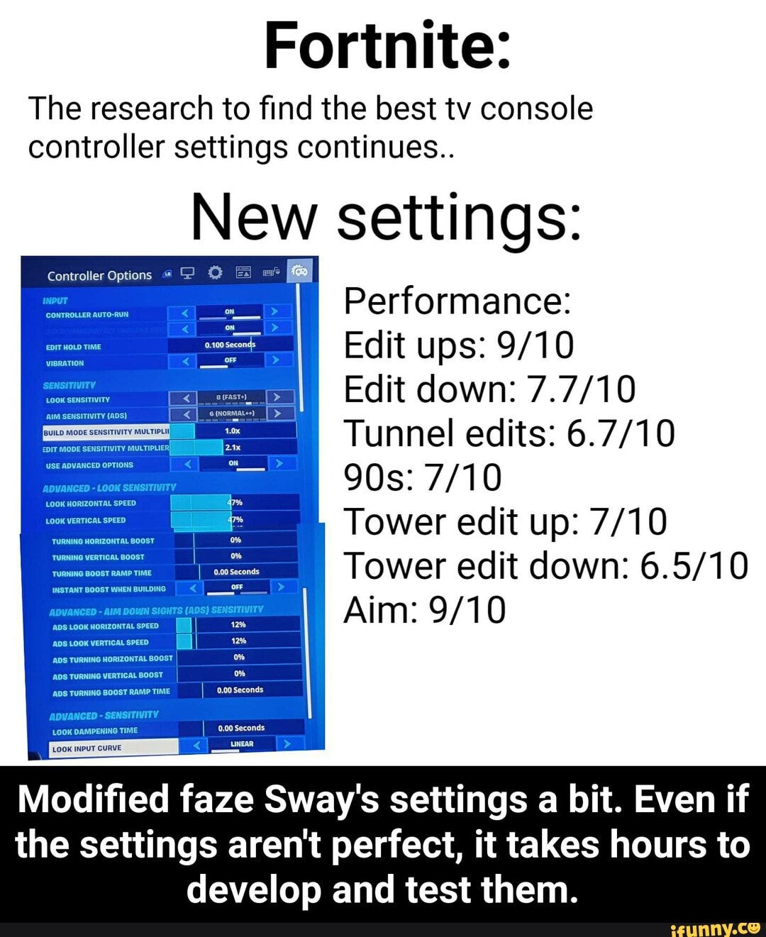 Fortnite:
The research to find the best tv console
controller settings continues..
New settings:
Controller Options Performance:
Edit ups: 9/10
Edit down: 7.7/10
Tunnel edits: 6.7/10
Tower edit up: 7/10
Tower edit down: 6.5/10
Modified faze Sway's settings a bit. Even if
the settings aren't perfect, it takes hours to
develop and test them. - Modified faze Sway's settings a bit. Even if the settings aren't perfect, it takes hours to develop and test them.