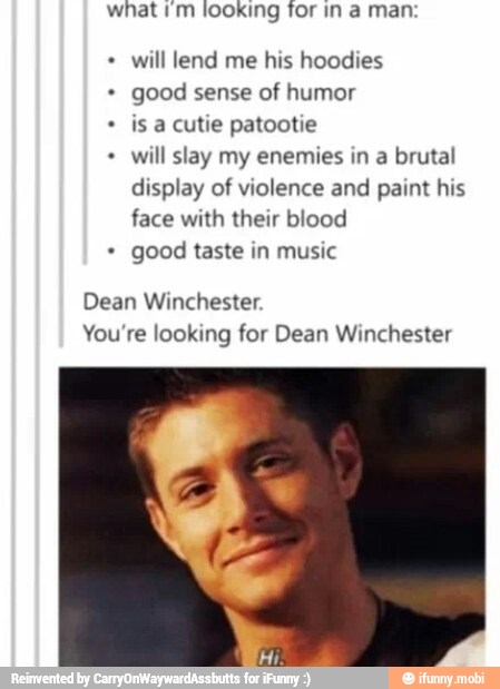 what I m looking for in a man:
will lend me his hoodies
good sense of humor
is a cutie patootie
will slay my enemies in a brutal
display of violence and paint his
face with their blood
good taste in music
Dean Winchester.
You're looking for Dean Winchester