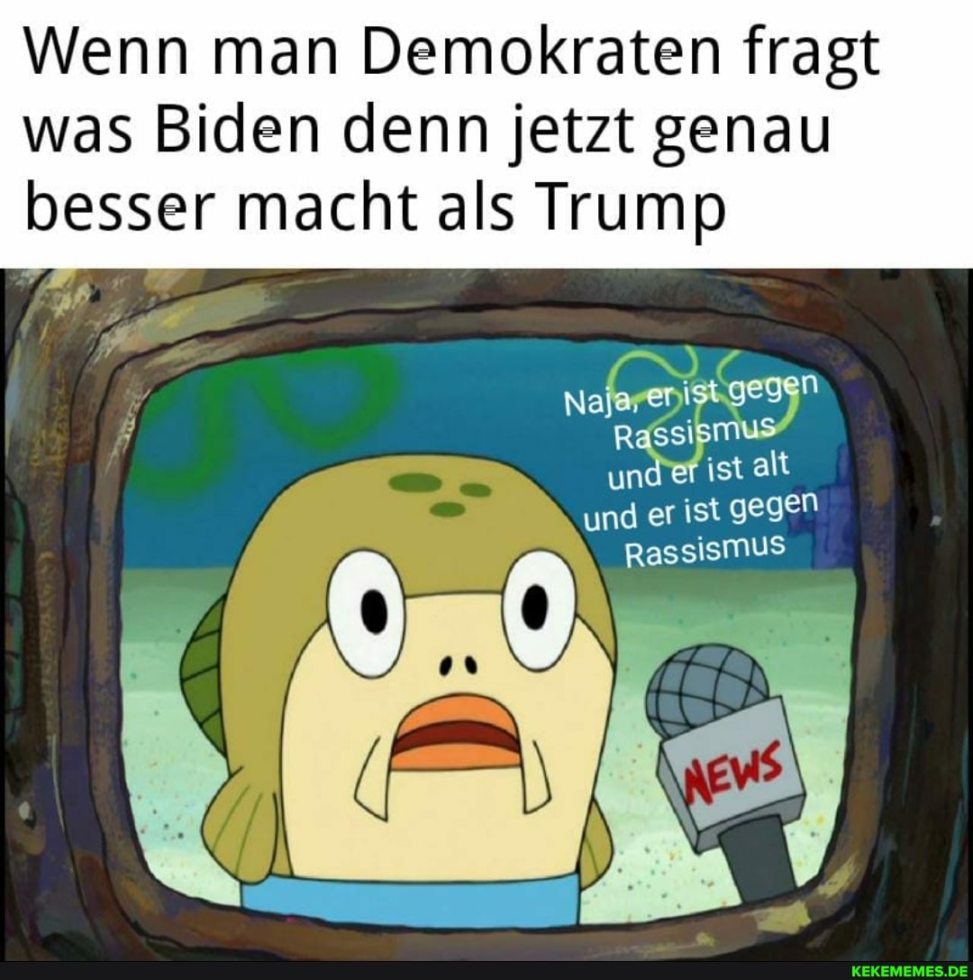 Wenn man Demokraten fragt was Biden denn jetzt genau besser macht als Trump
Na
Rassi un ist alt
und er ist gegen
Rassismus